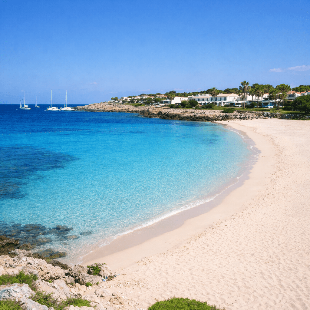 Crowded sandy beach with people swimming and sunbathing under umbrellas